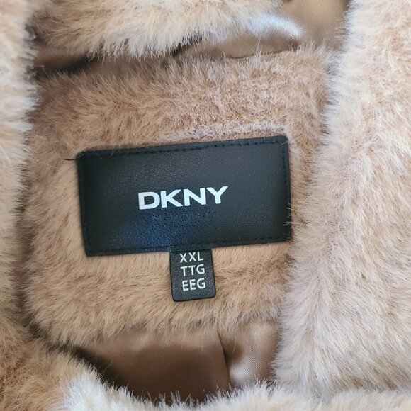DKNY Women's Faux Fur Coat Camel Size XXL Beige Long Sleeve Button Up - Picture 4 of 16